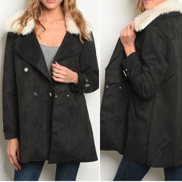 Black faux suede & fur collar Coat - Picture 2 of 5